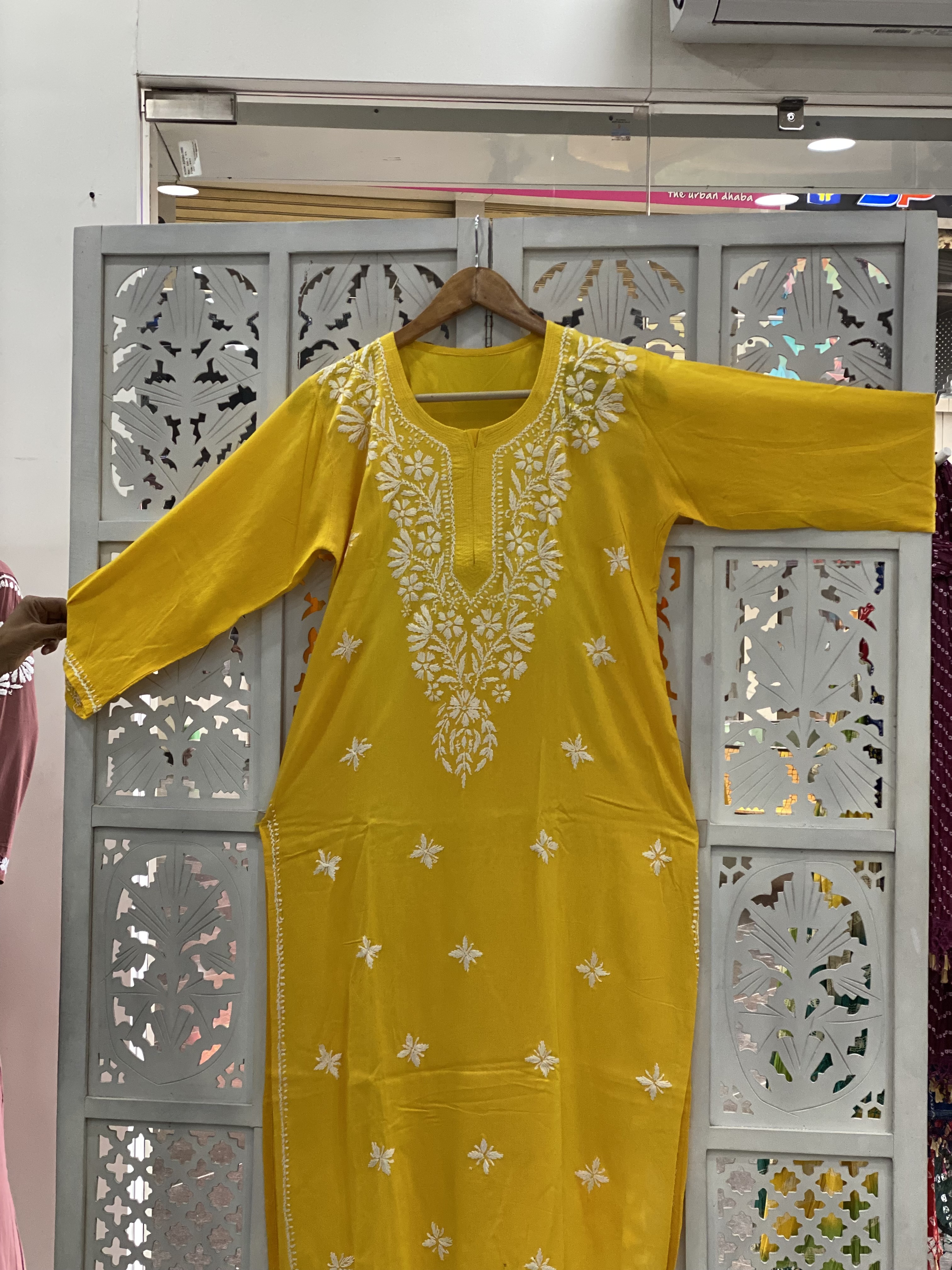 Yellow Rayon straight Chikankari kurti