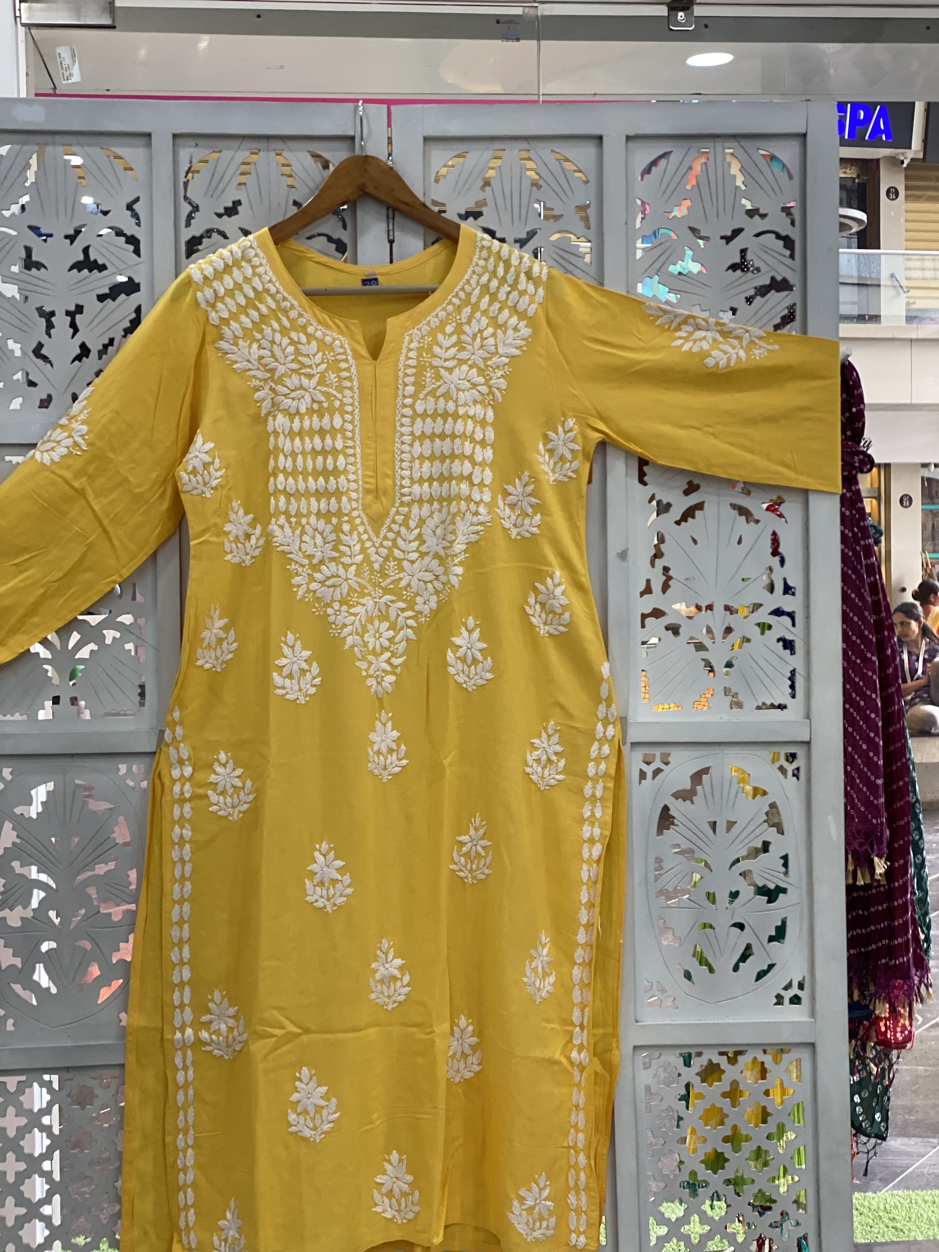 Chikankari rayon straight yellow kurti