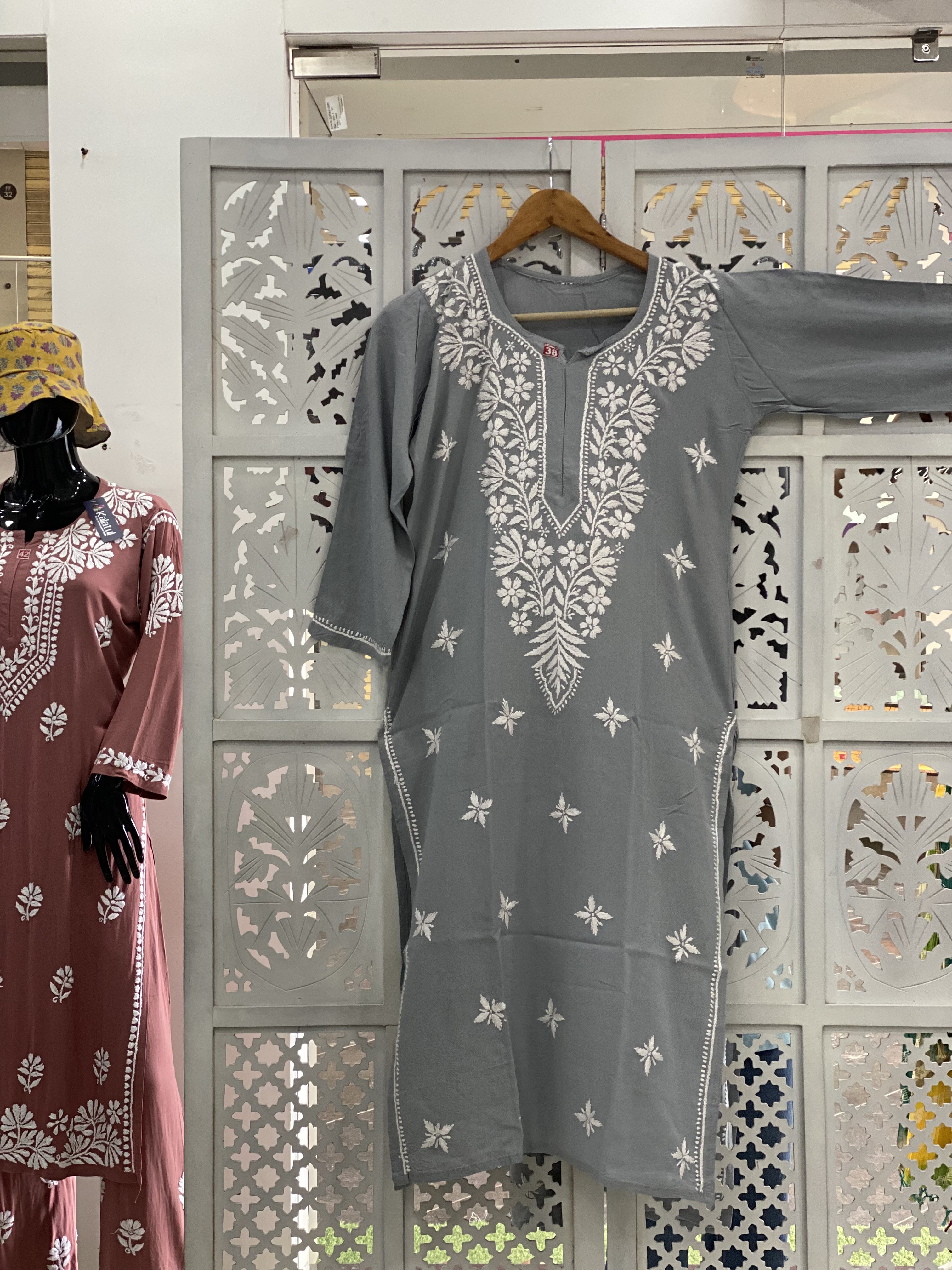 Grey Rayon straight Chikankari kurti