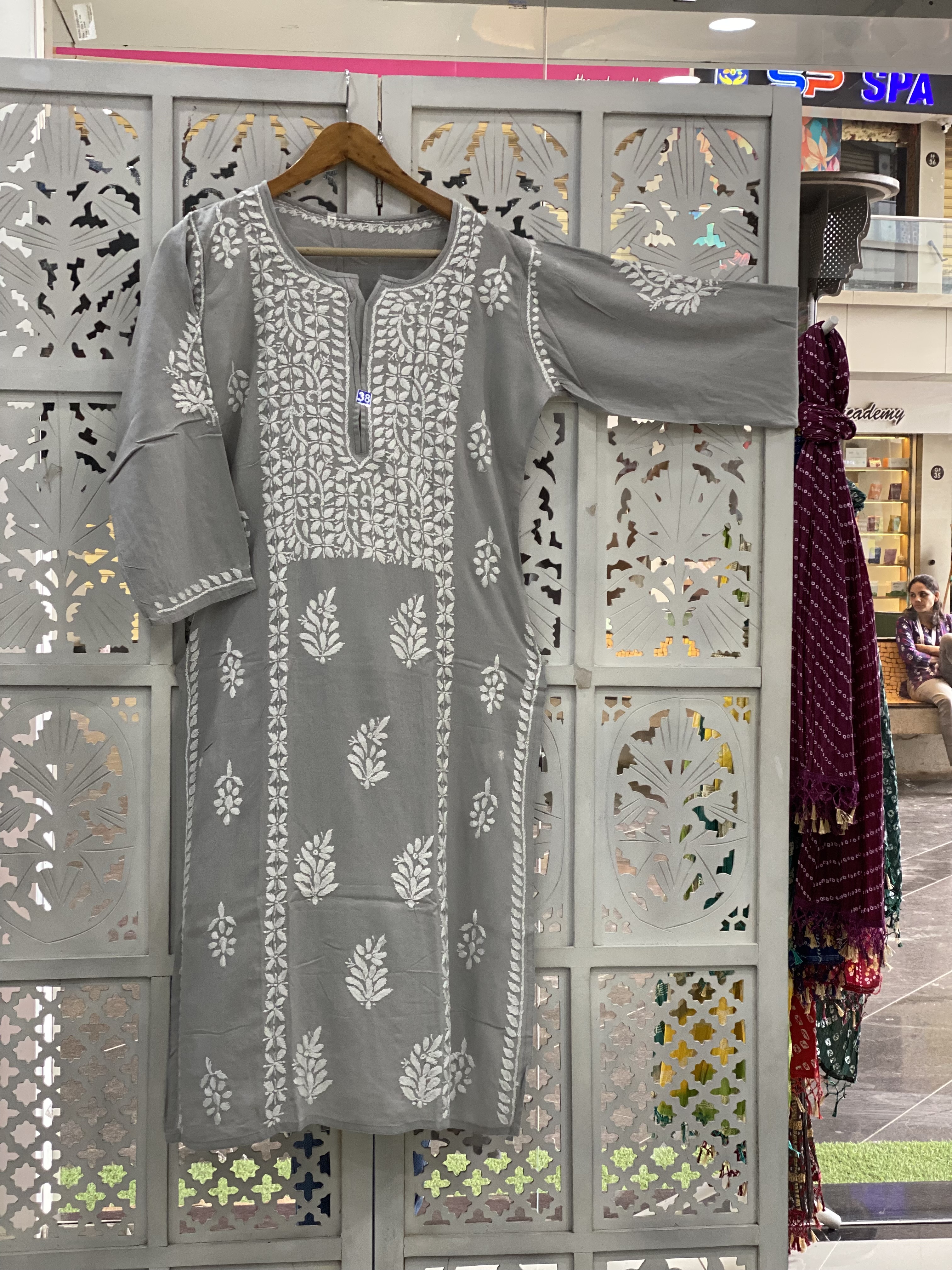 Chikankari grey rayon straight kurti