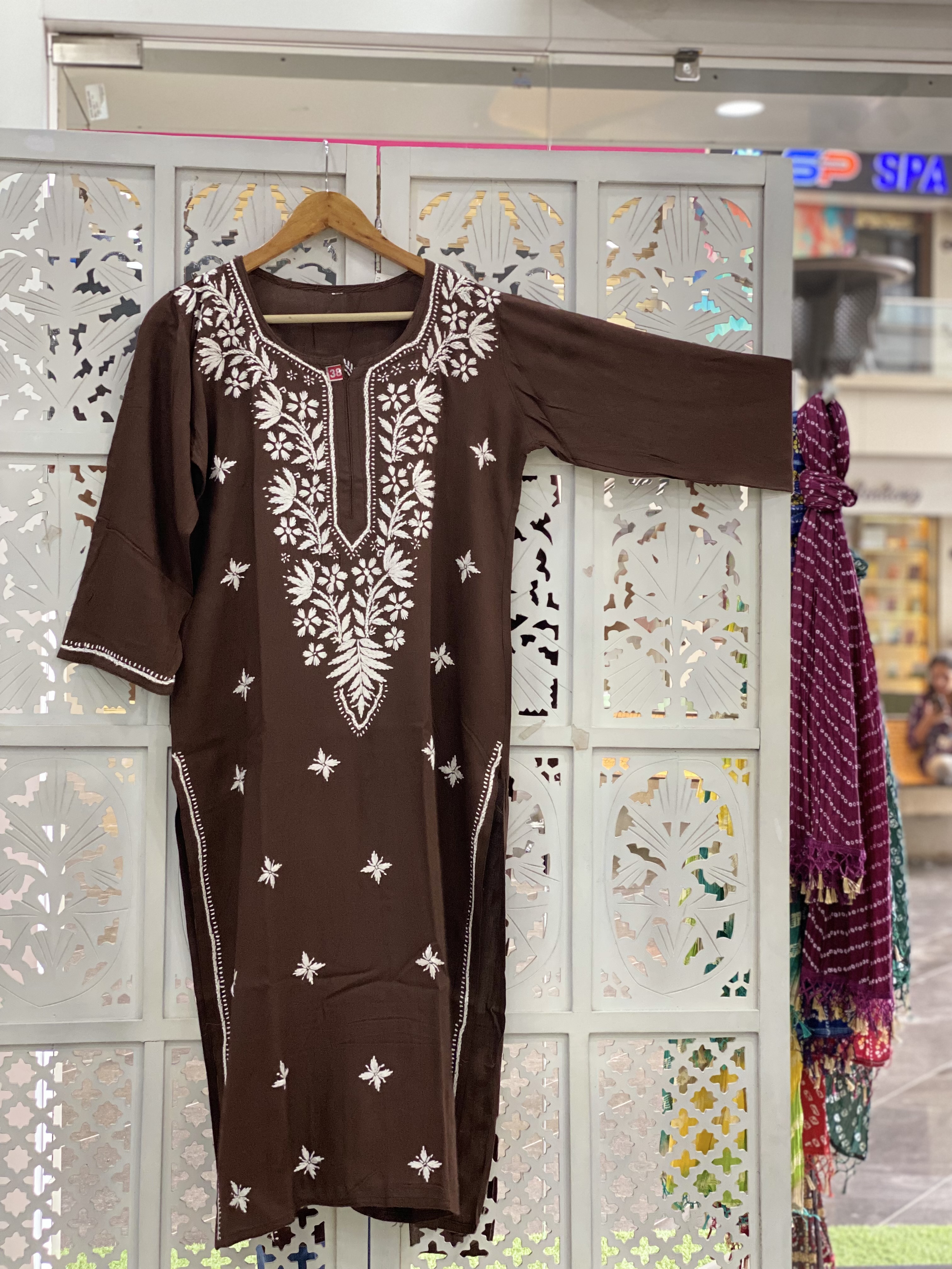 Chikankari rayon straight coffee brown kurti