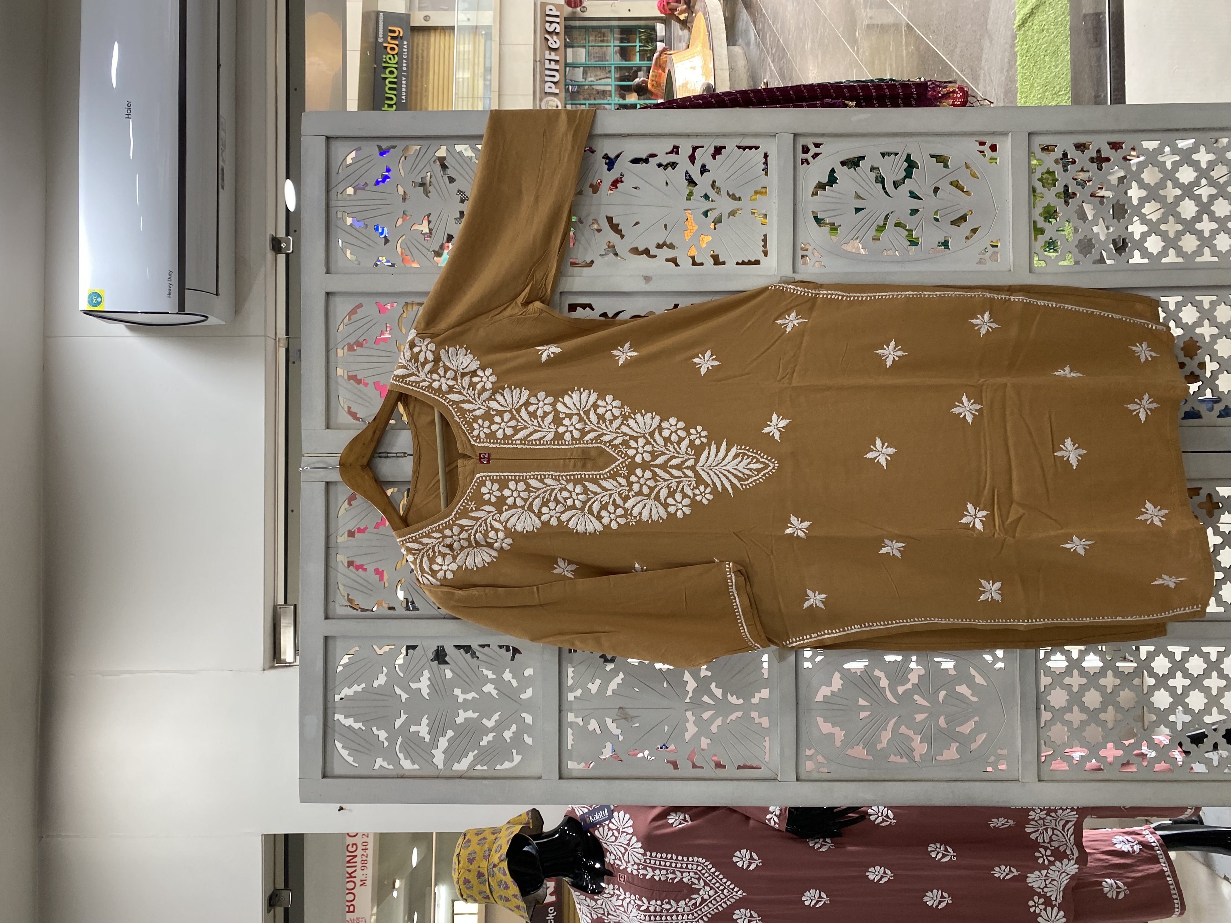 Chikankari rayon straight light brown colour kurti