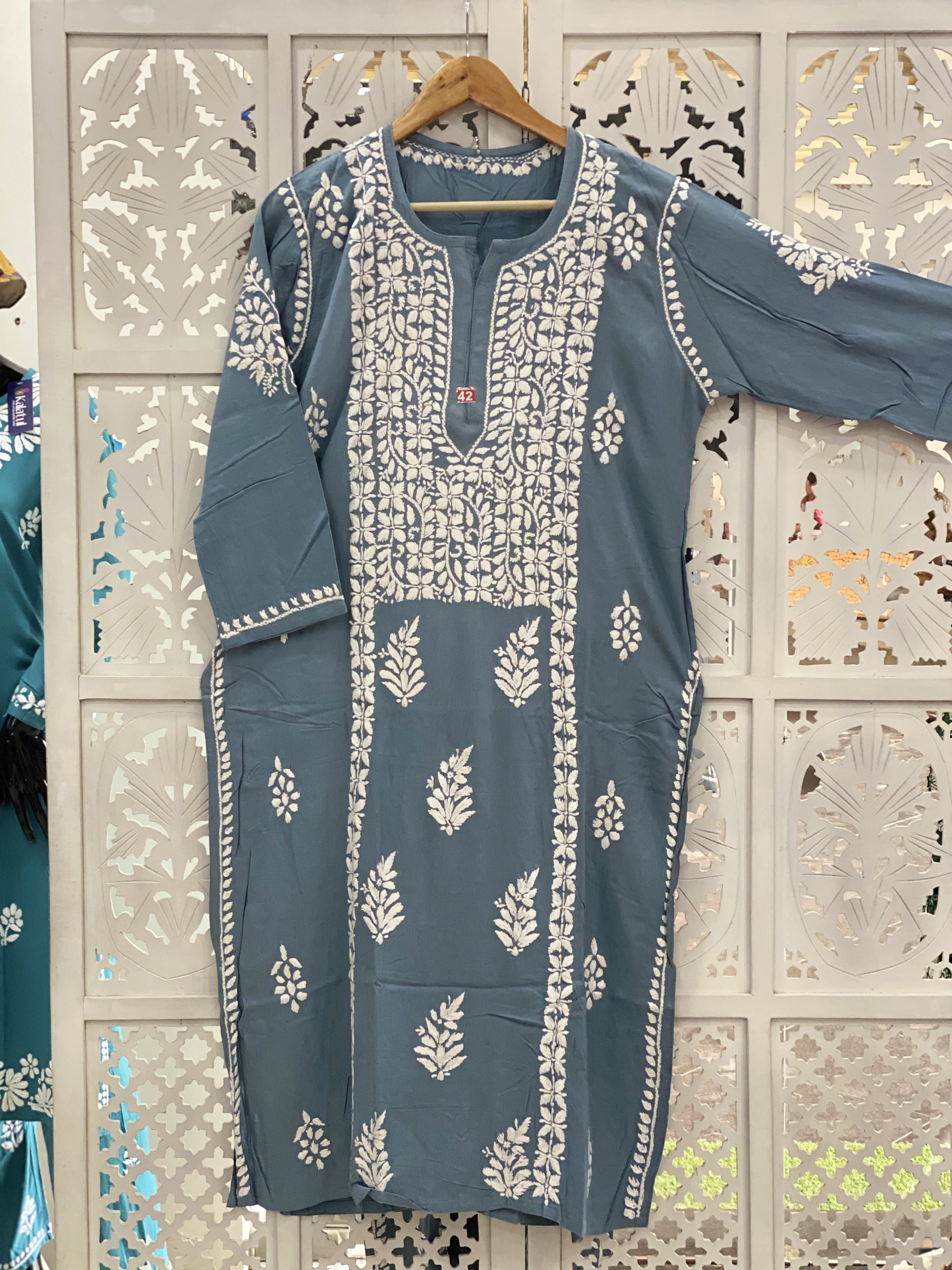 Teel grey Chikankari rayon straight kurti