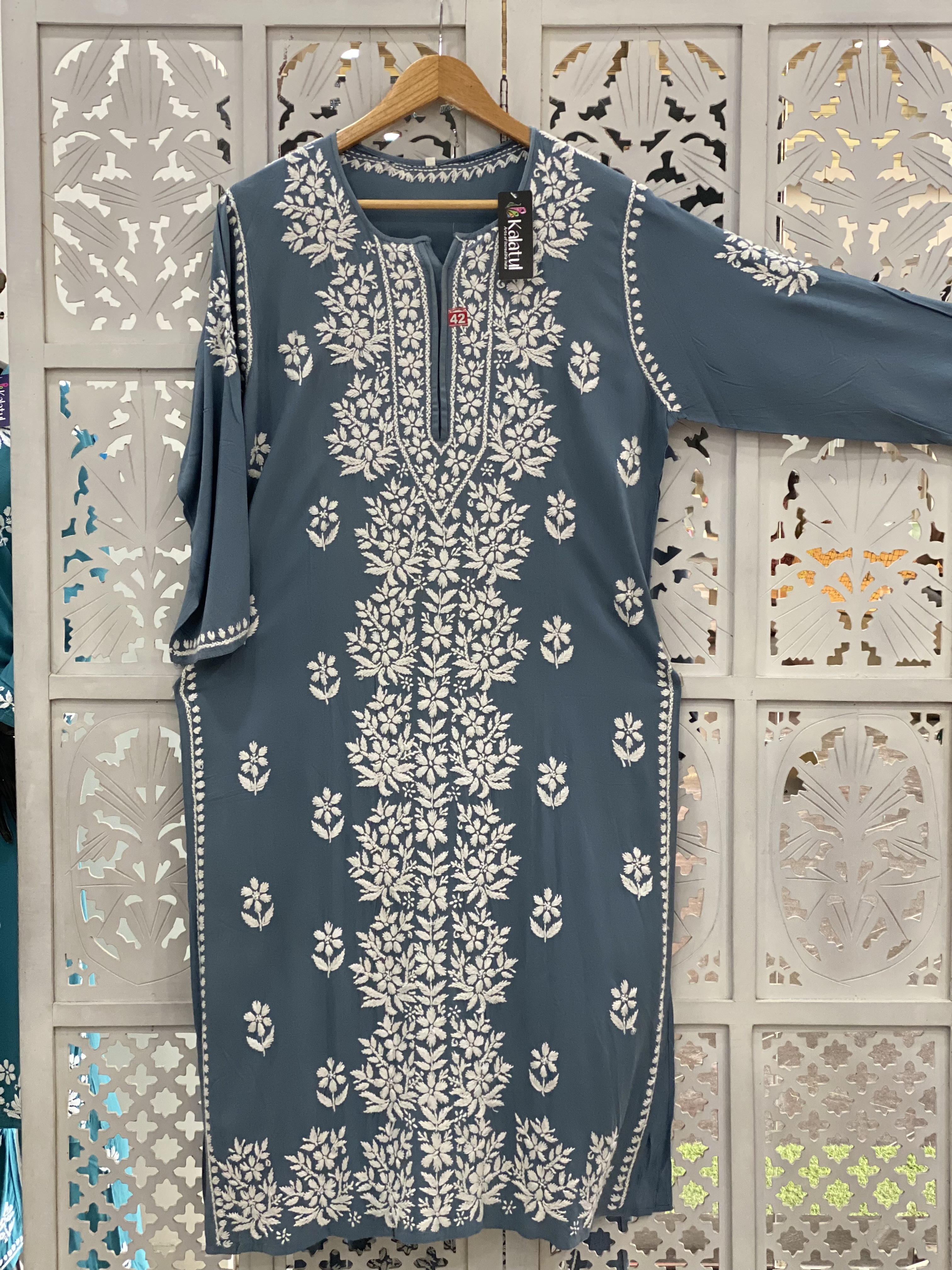 Chikankari Rayon straight grey kurti