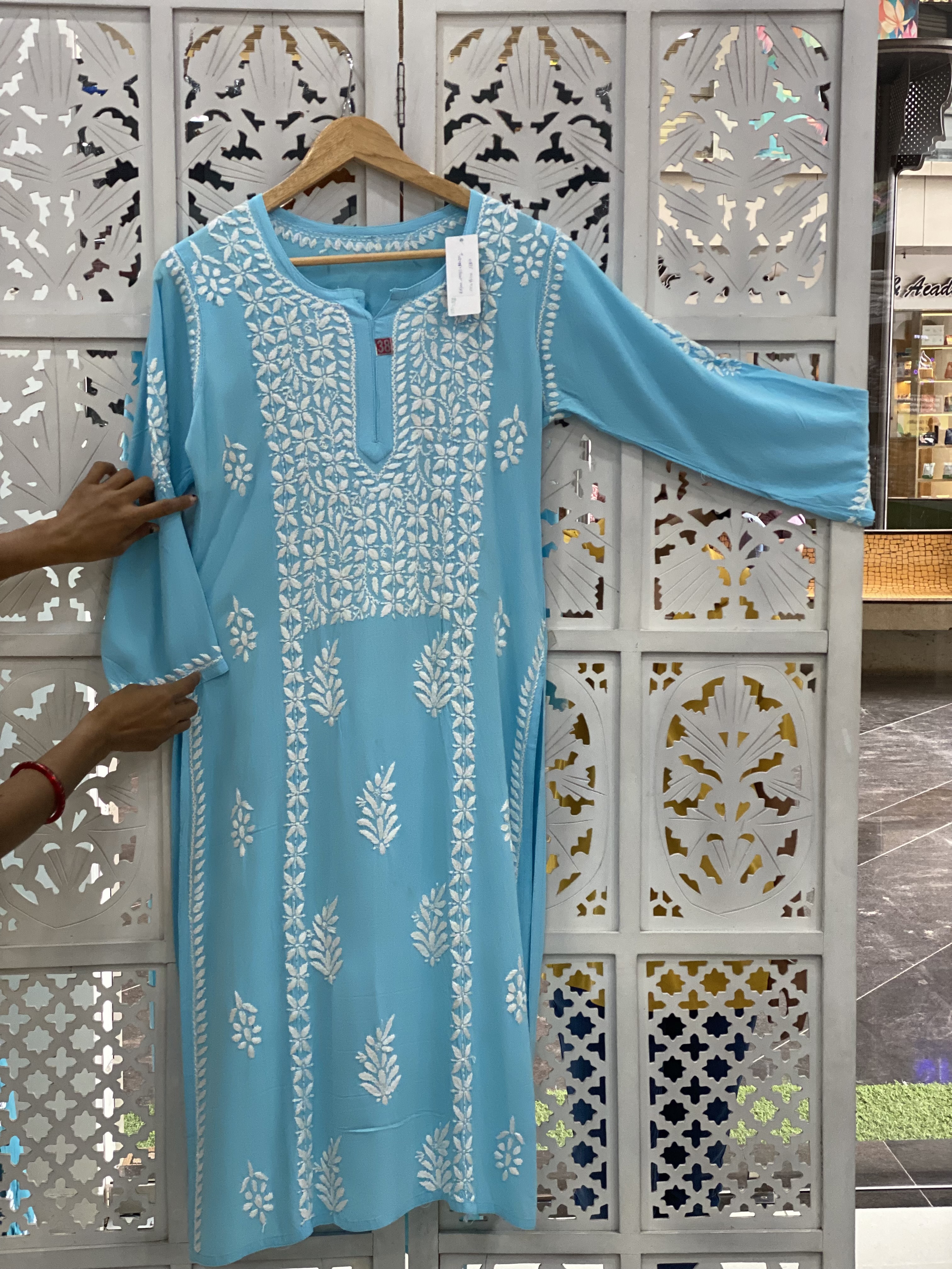 Chikankari Rayon straight light blue kurti