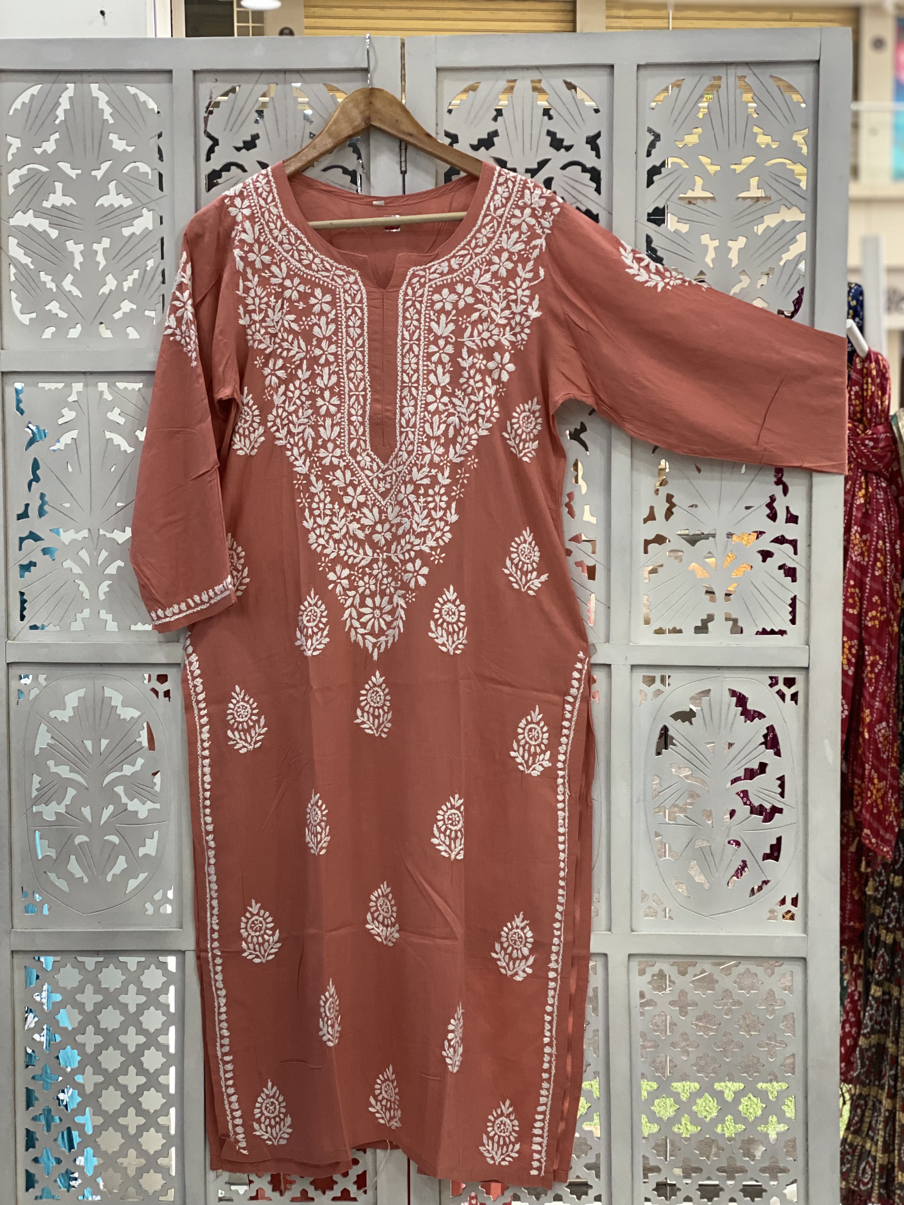Chikankari modal  straight  wine coloured kurti