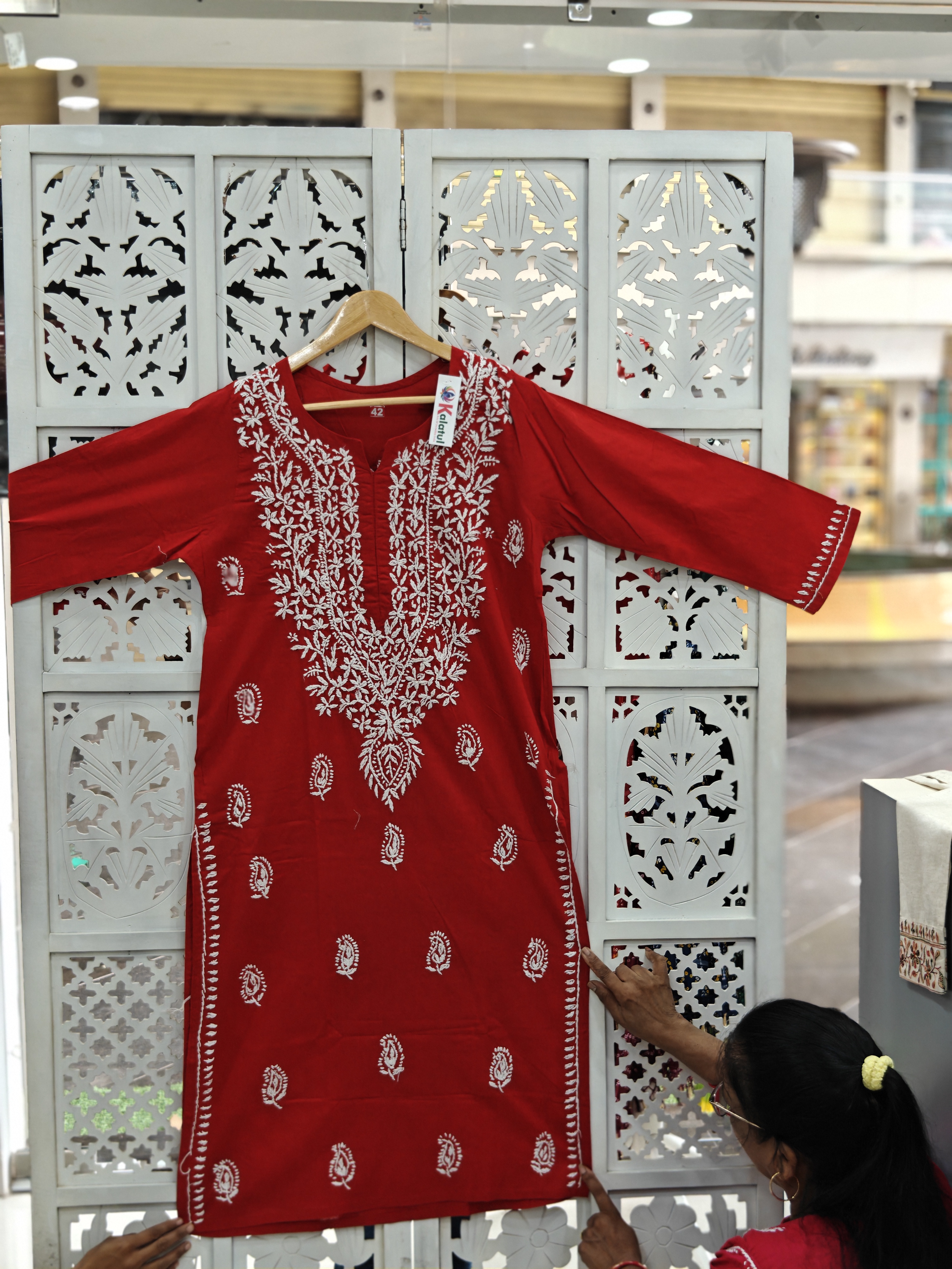 Chikankari Red mul cotton kurti