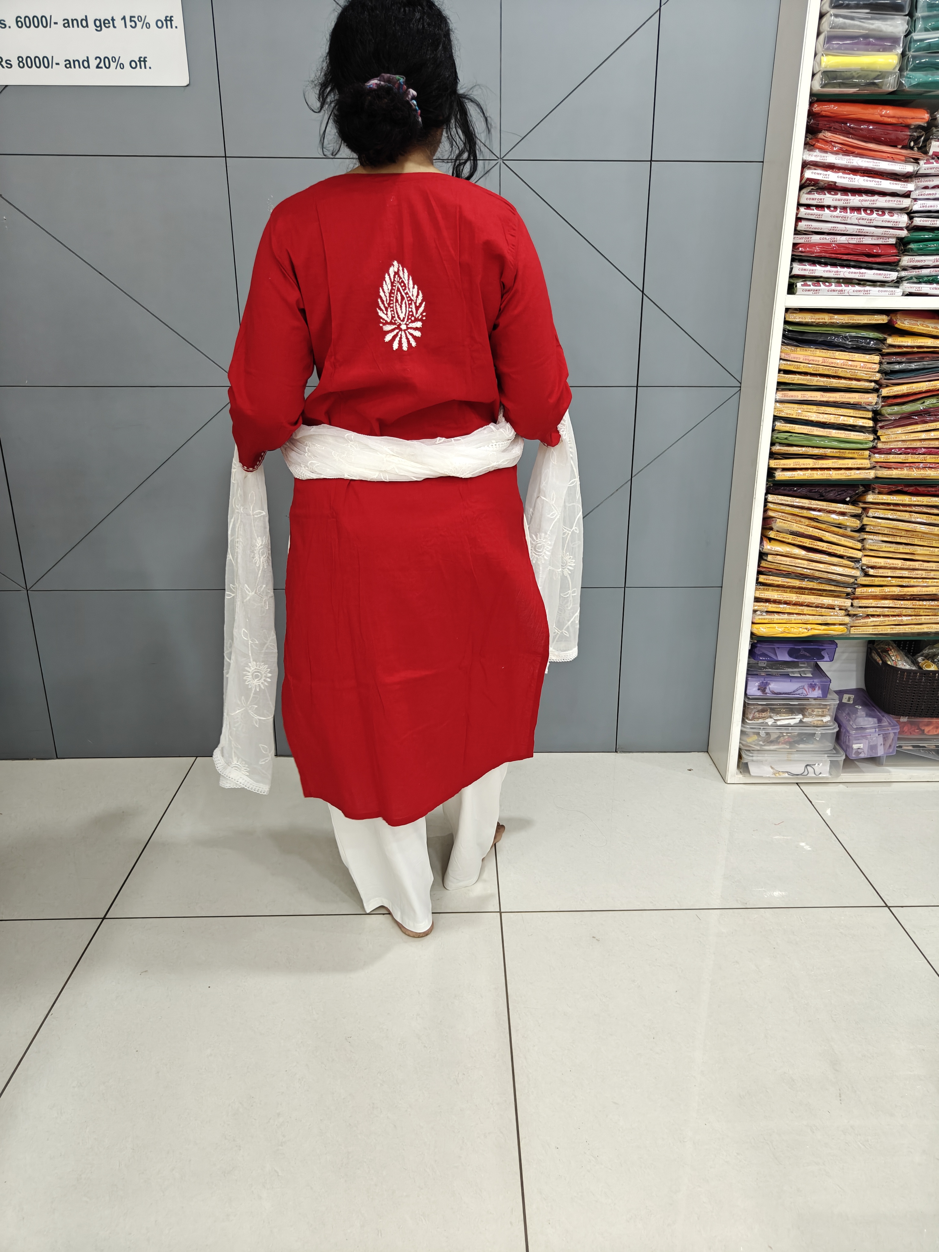 Chikankari Red mul cotton kurti