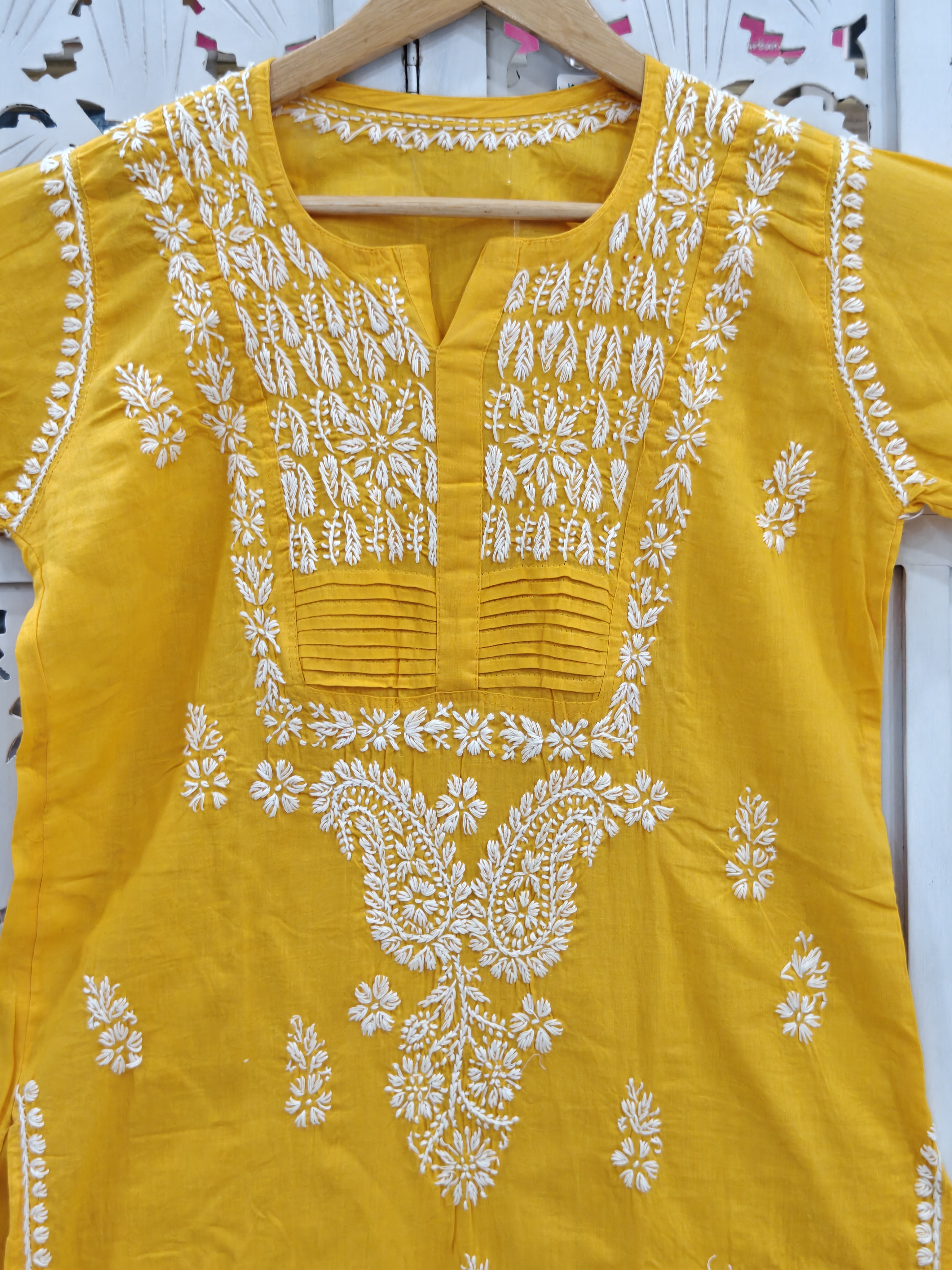 Chikankari light mustard yellow mul cotton kurti