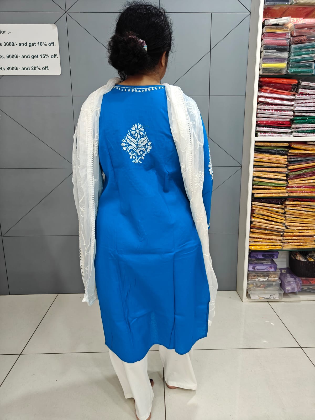 Firozi blue Chikankai Straight mul cotton kurti