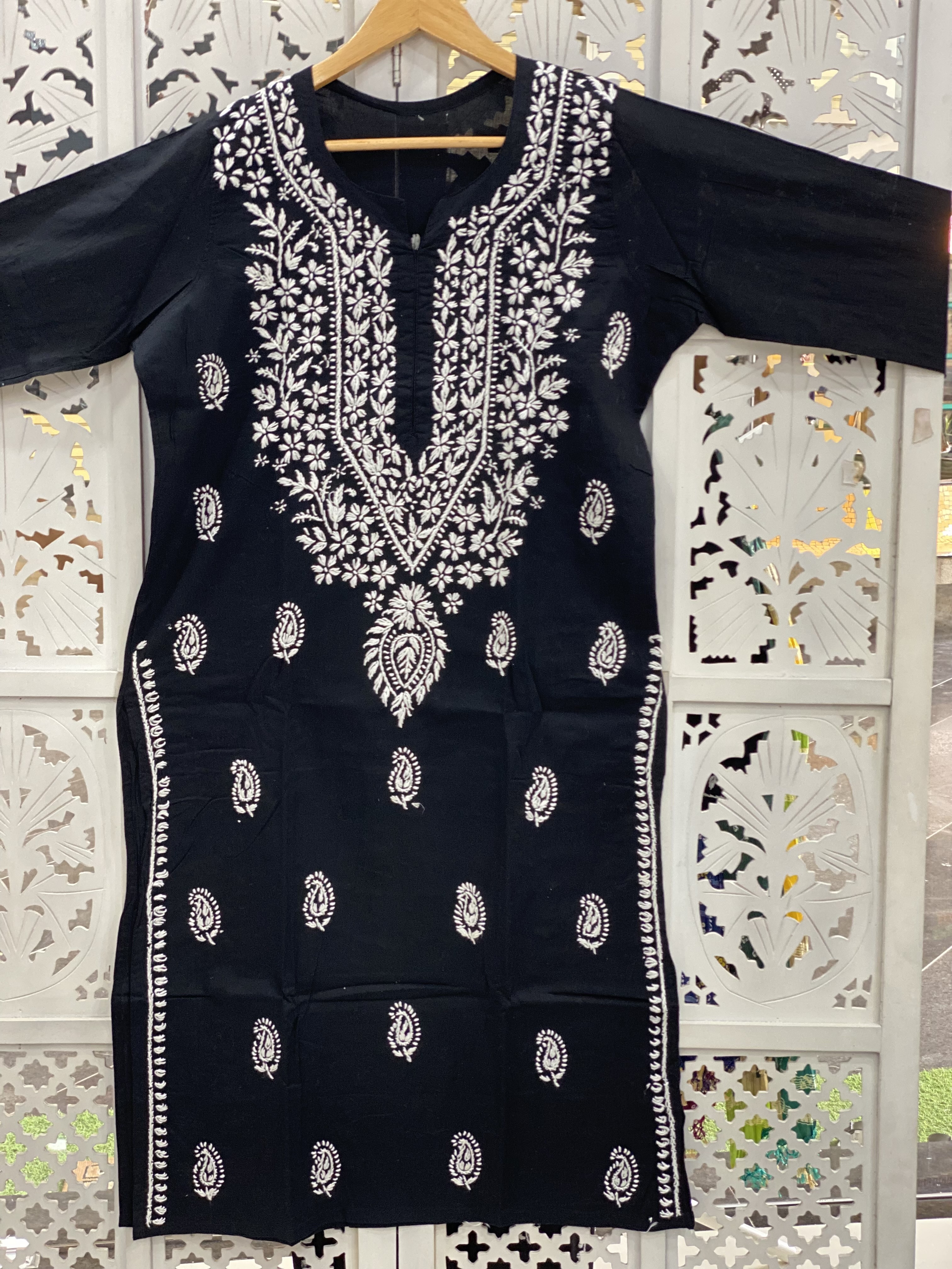 Chikankari cotton straight black kurti