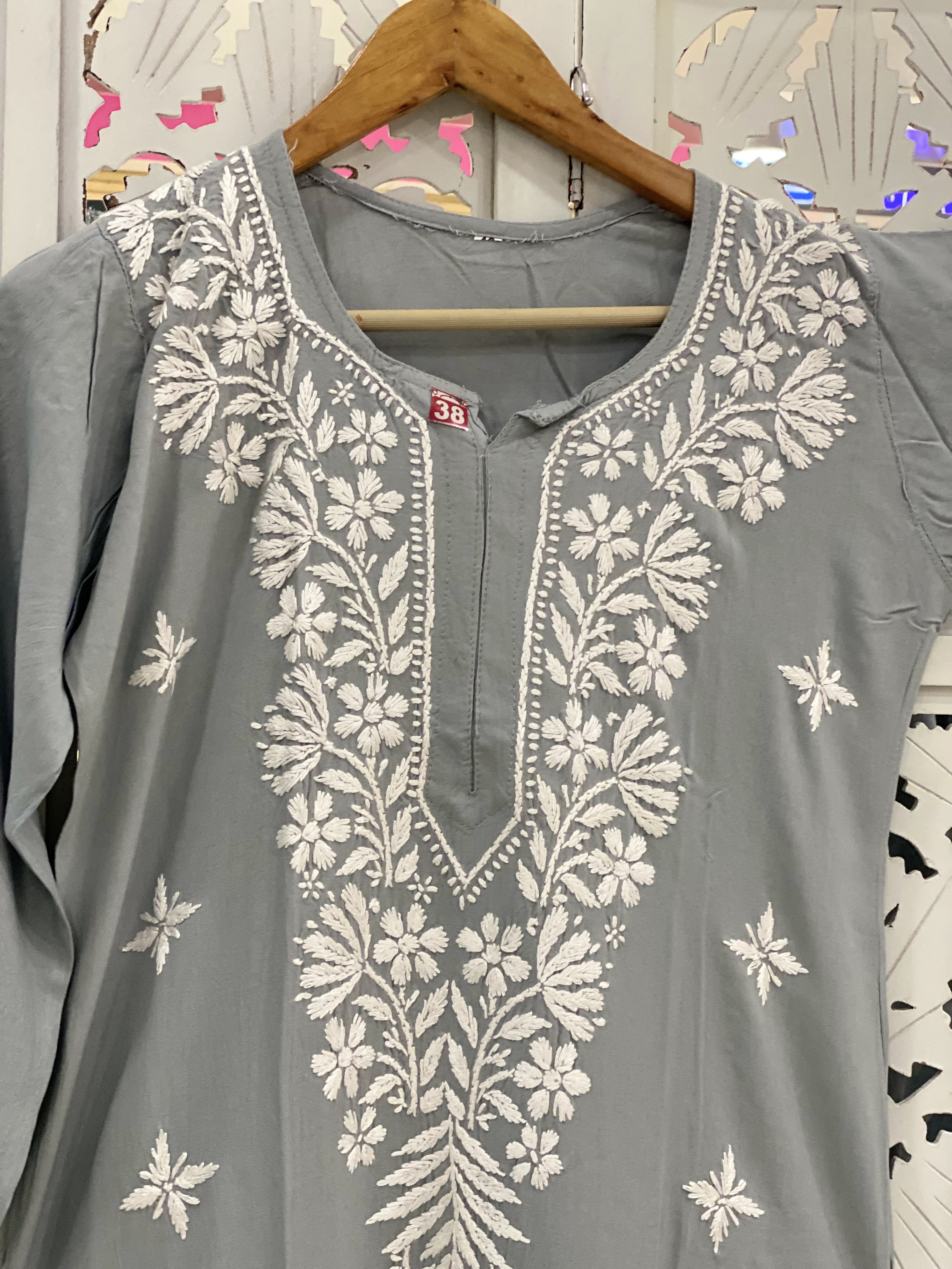 Grey Rayon straight Chikankari kurti
