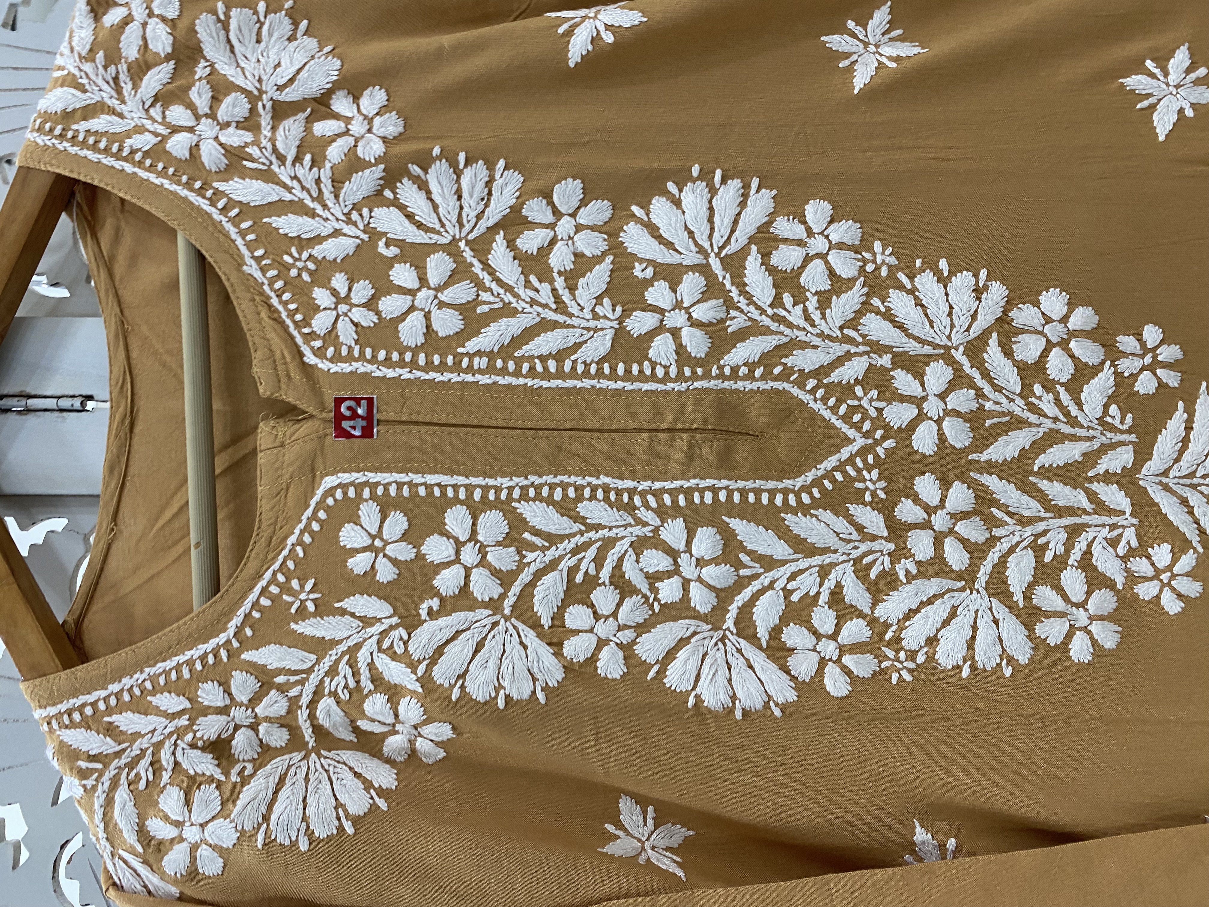 Chikankari rayon straight light brown colour kurti