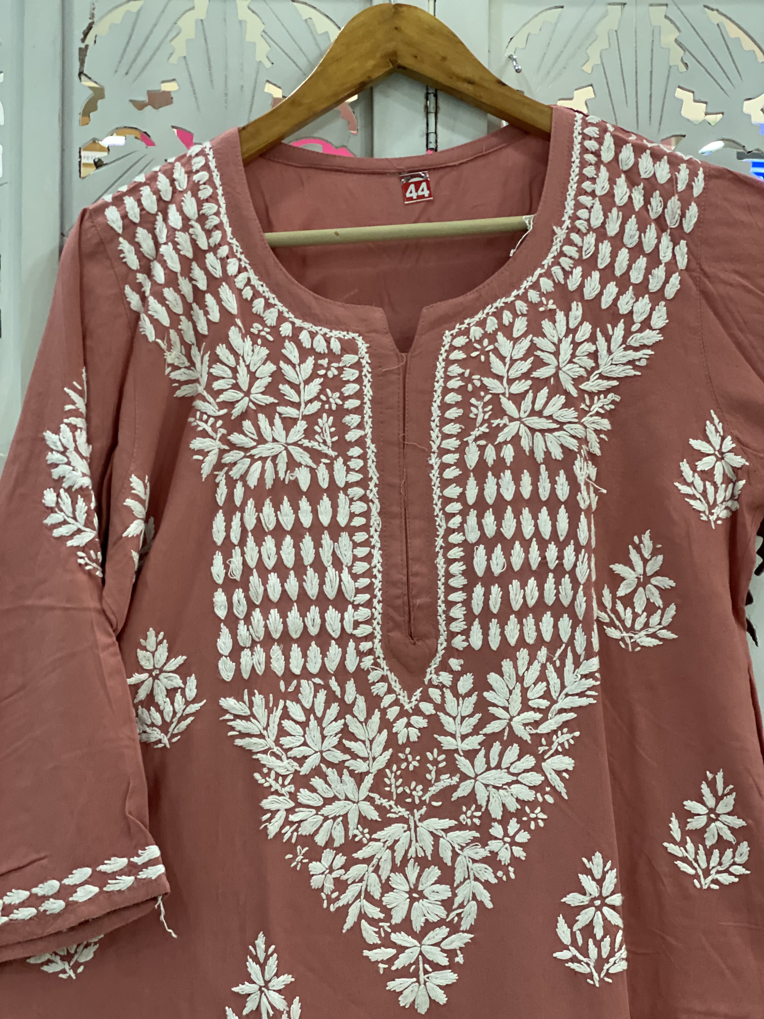 Chikankari rayon straight wine coloured kurti