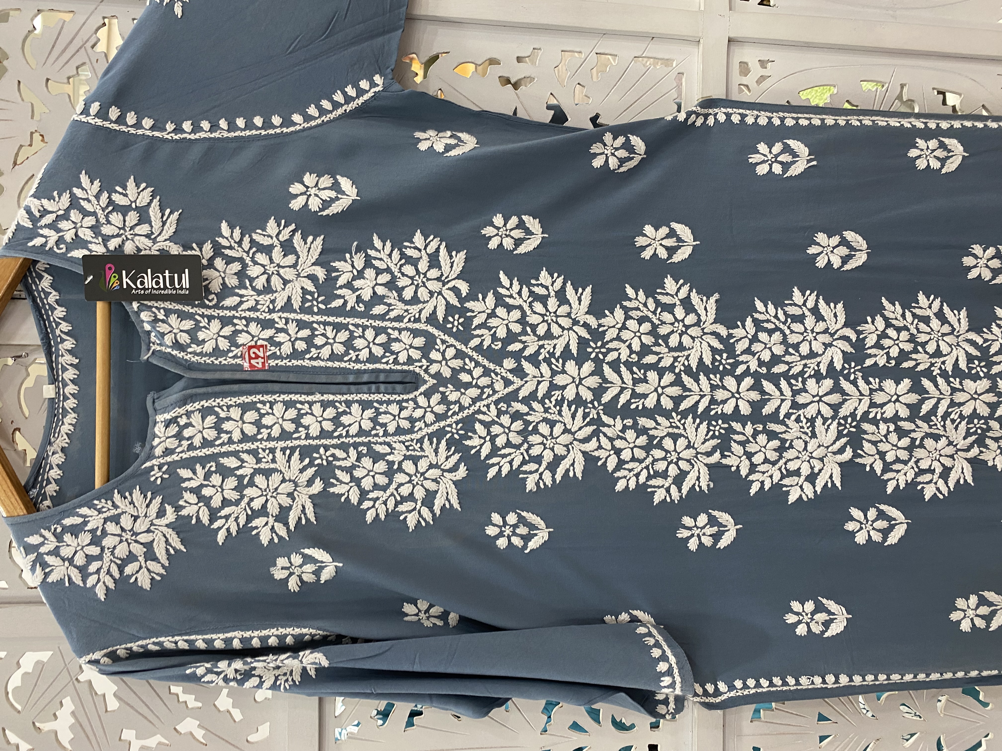 Chikankari Rayon straight grey kurti