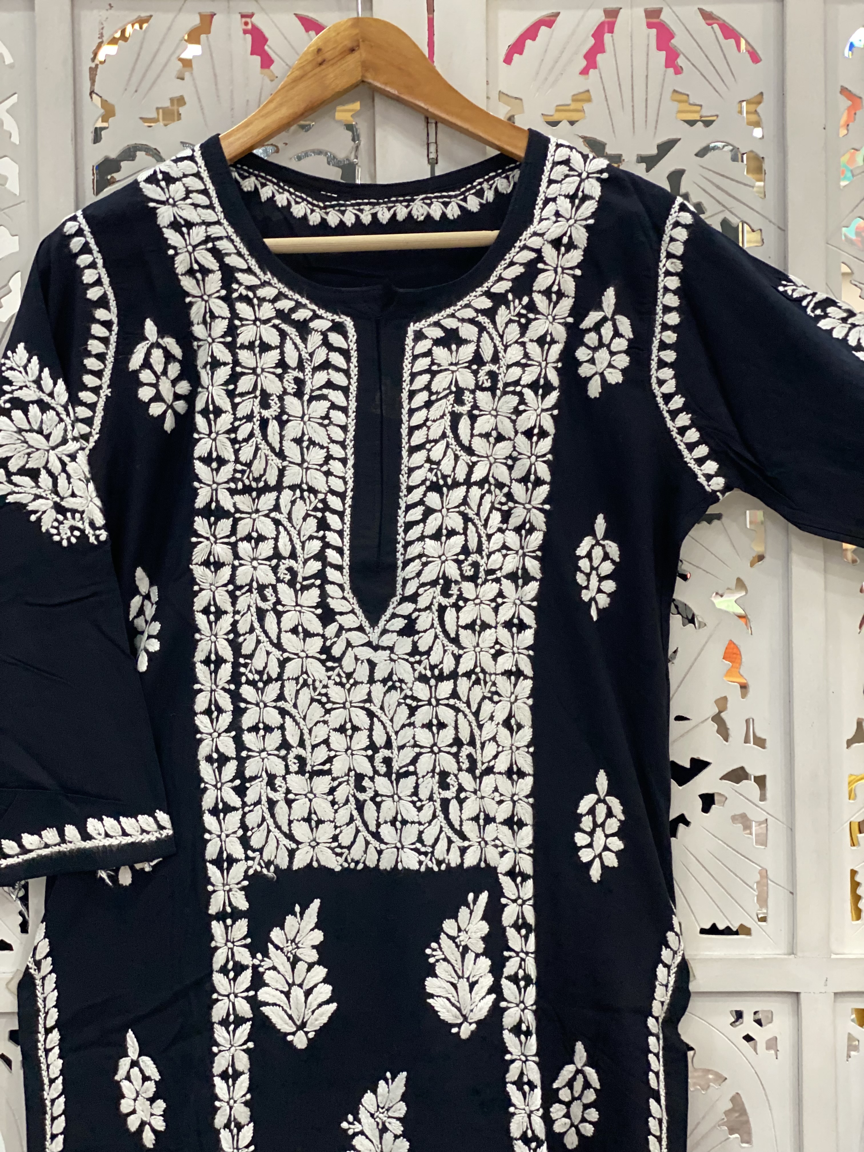 Chikankari Rayon straight black kurti